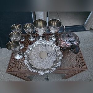 Ornate Silver-Color Serving Tray and Goblet Set